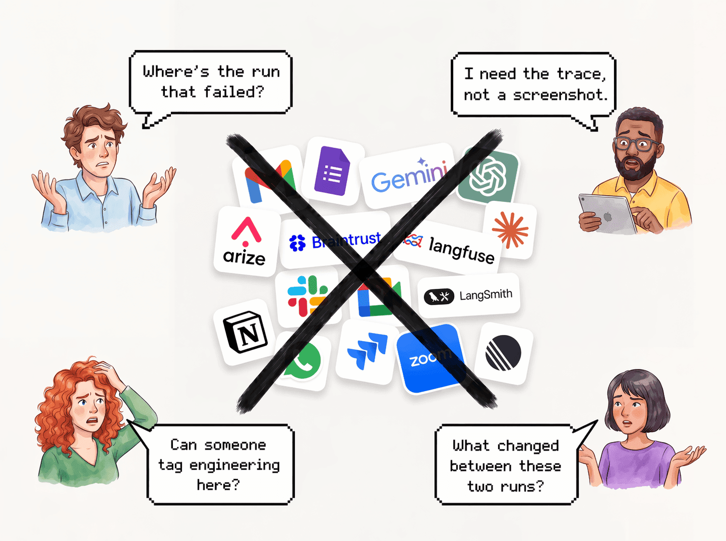 Teammates struggling to debug an AI agent across a chaotic stack of tools